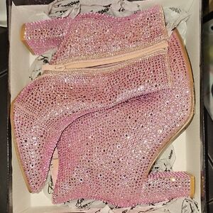 Pink Crystal Embellished Ankle Boots with Side Zip